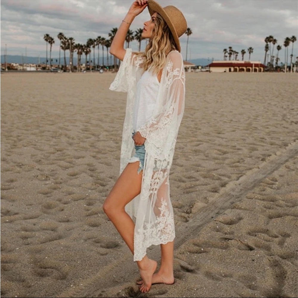 Elegant White Lace Beach mesh Cover-Up kimono lace